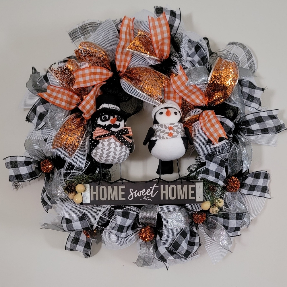 Charming Holiday Wreath with Orange and Black Plaid Accents